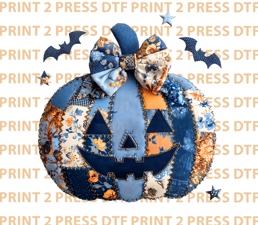 Faux Quilted Denim Patched Jack O Lantern