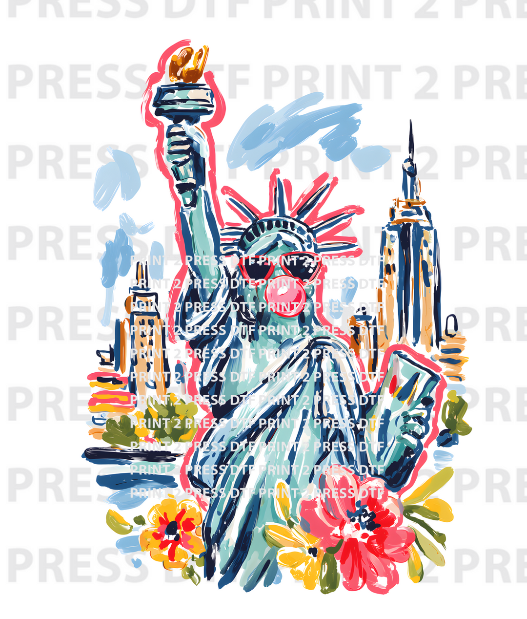 Floral Brushstroke Statue of Liberty Blowing Gum