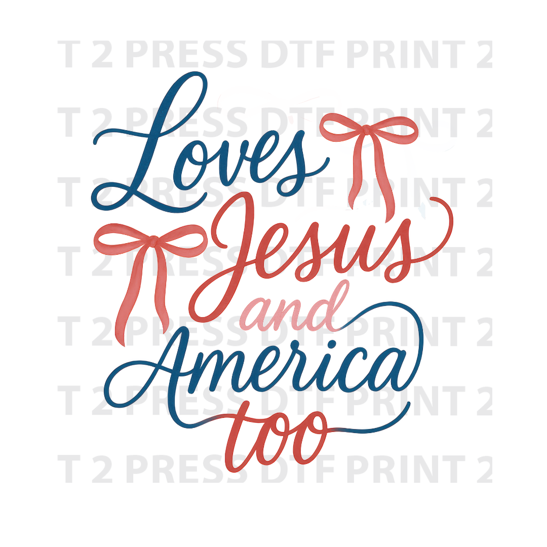 Loves Jesus and America too Cursive